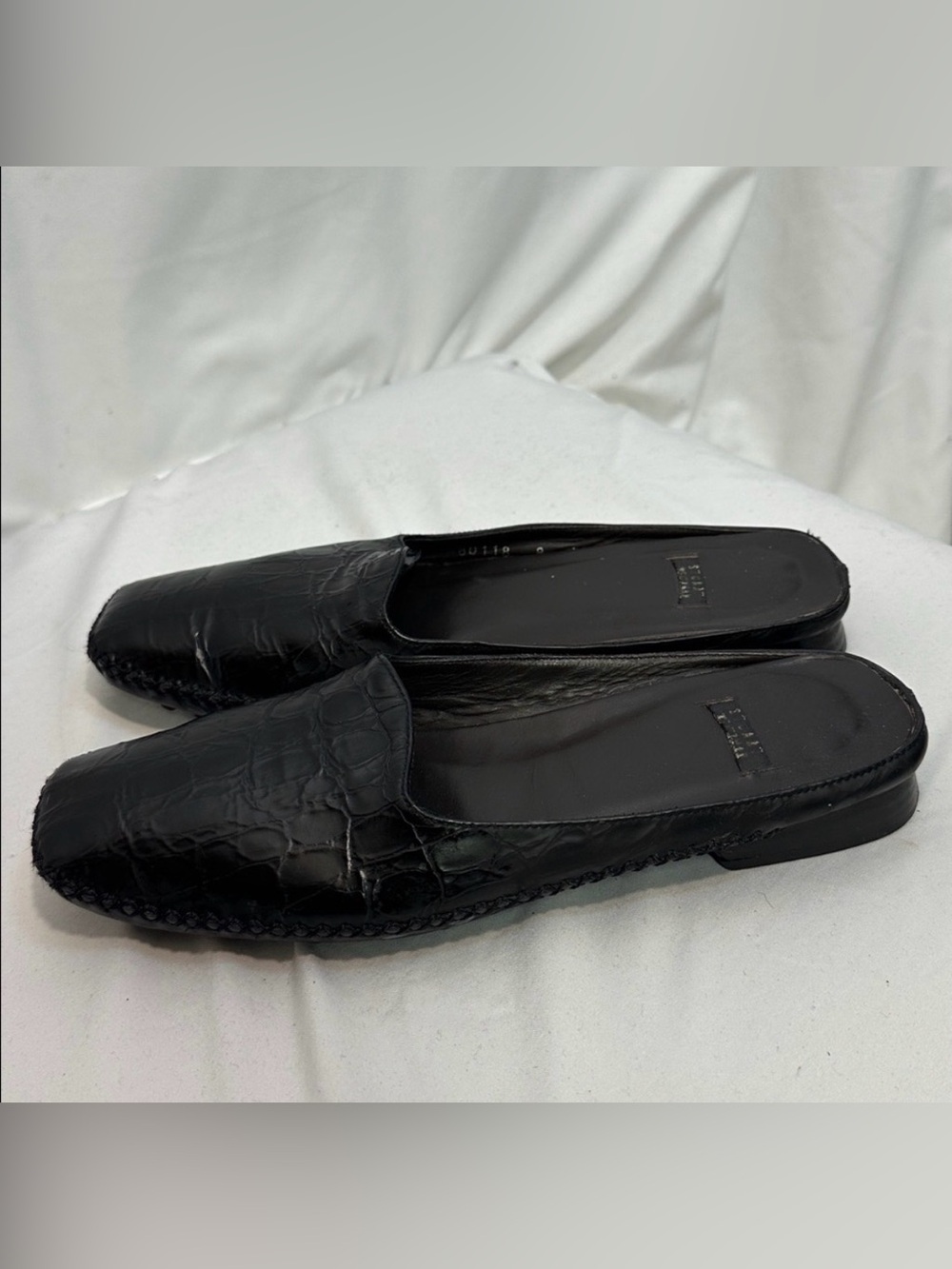 Stuart Weitzman Black Croc-Embossed Leather Slip-On Loafers
